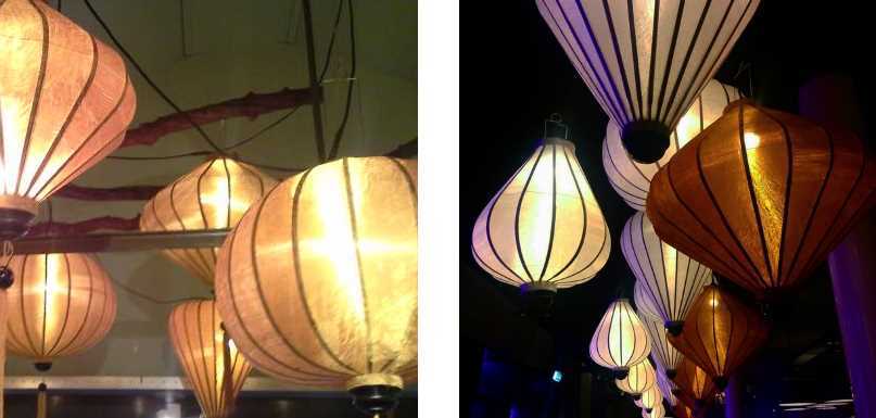 Koperen Vietnamese lampions als hanglamp op de veranda